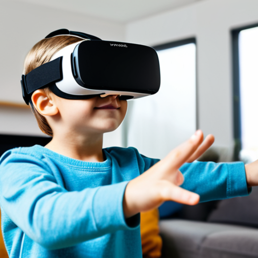 A curious child, fully clothed in comfortable, modest attire, wearing a modern virtual reality headset. Their expression shows wonder and deep engagement, with well-formed hands slightly outstretched as if interacting with an unseen virtual world. The background is a bright, family-friendly living room, softly illuminated by a gentle, colorful glow suggesting an immersive, fantastical learning environment within the VR experience. Perfect anatomy, correct proportions, natural pose, proper finger count. High-quality professional photography, safe for work, appropriate content, fully clothed, family-friendly.