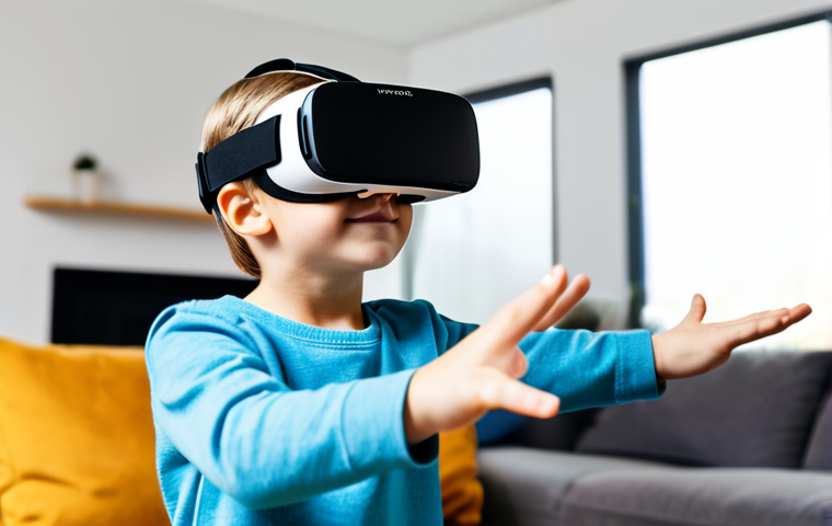 A curious child, fully clothed in comfortable, modest attire, wearing a modern virtual reality headset. Their expression shows wonder and deep engagement, with well-formed hands slightly outstretched as if interacting with an unseen virtual world. The background is a bright, family-friendly living room, softly illuminated by a gentle, colorful glow suggesting an immersive, fantastical learning environment within the VR experience. Perfect anatomy, correct proportions, natural pose, proper finger count. High-quality professional photography, safe for work, appropriate content, fully clothed, family-friendly.