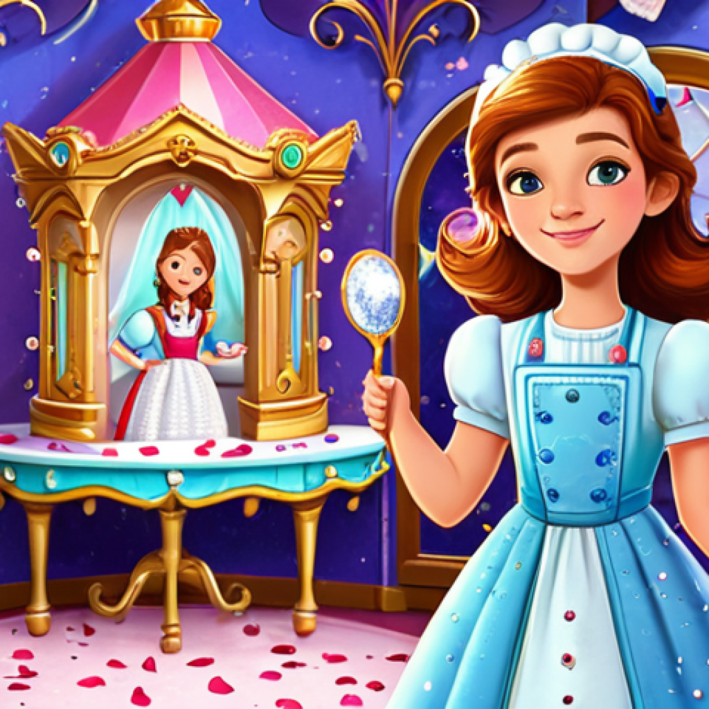 Sophie's Transformation**

"A young girl, Sophie, in a magical dressing room surrounded by shimmering costumes, about to transform into a chef. She's holding a sparkling gemstone. Background: Rose Petal Palace, filled with whimsical details. She is fully clothed in a modest, age-appropriate dress. Safe for work, appropriate content, professional, perfect anatomy, correct proportions, well-formed hands, proper finger count, natural body proportions."

**