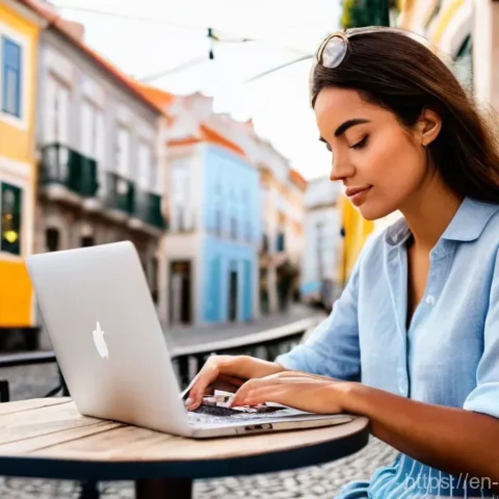 소피루비 이야기책 리뷰 - **A vibrant digital nomad working intently on her sleek laptop at a charming outdoor cafe in Lisbon,...