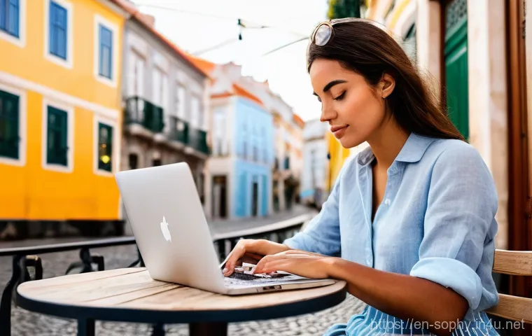 소피루비 이야기책 리뷰 - **A vibrant digital nomad working intently on her sleek laptop at a charming outdoor cafe in Lisbon,...