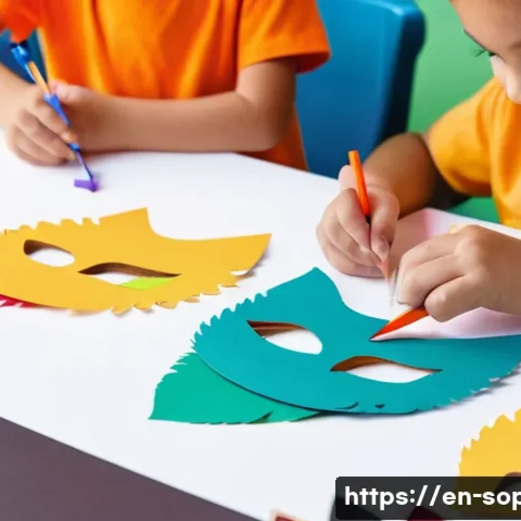 소피루비 가면 만들기 - **Prompt:** A vibrant, cheerful indoor crafting studio scene, filled with natural light. A group of ...