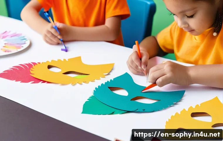 소피루비 가면 만들기 - **Prompt:** A vibrant, cheerful indoor crafting studio scene, filled with natural light. A group of ...