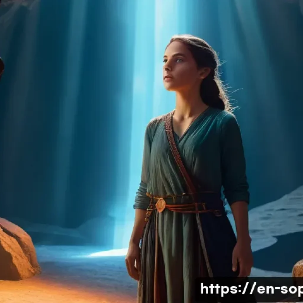 소피루비 캐릭터의 가치관 - **"Sophie Ruby, a young woman in her late teens, stands at the precipice of a mystical, glowing cave...