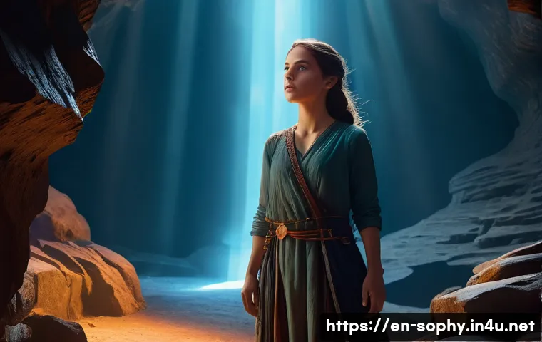 소피루비 캐릭터의 가치관 - **"Sophie Ruby, a young woman in her late teens, stands at the precipice of a mystical, glowing cave...