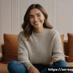 소피루비 인기 비결 - A warm and cozy indoor setting featuring a young female content creator sitting comfortably in a min...