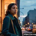 소피루비 속 캐릭터의 갈등 구조 - A young adult woman stands at a crossroads in an urban setting at dusk, dressed in professional yet ...