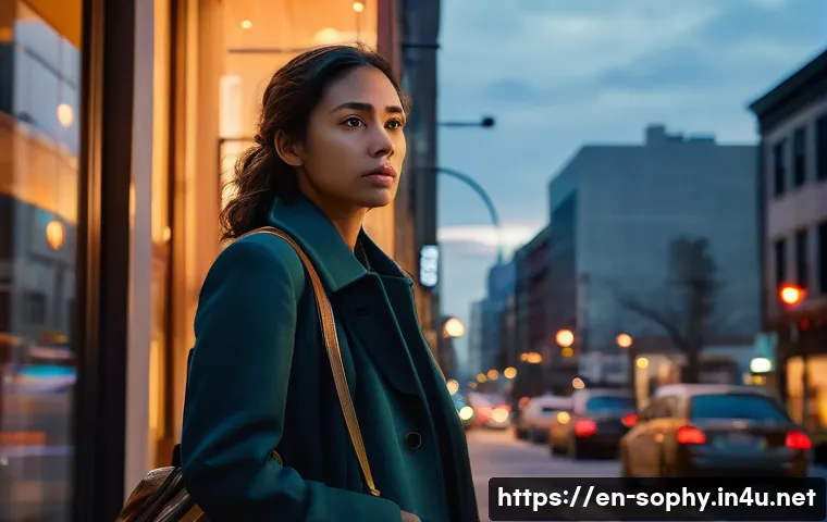 소피루비 속 캐릭터의 갈등 구조 - A young adult woman stands at a crossroads in an urban setting at dusk, dressed in professional yet ...