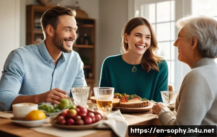 소피루비의 가족 관계 - A warm, cozy family scene set in a modern living room during a holiday gathering: Sophie, a confiden...