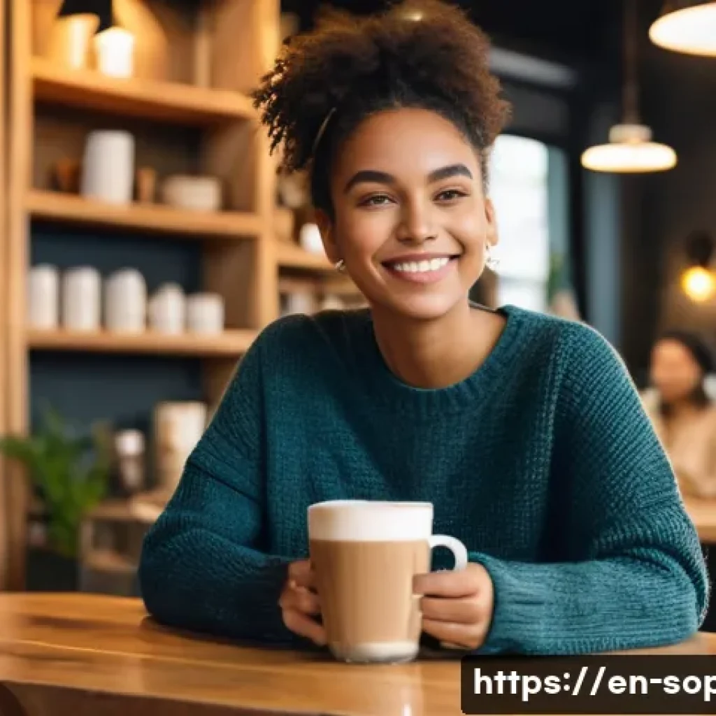 소피루비 사회적 영향 - A warm, inviting coffee shop scene featuring a relatable young woman with natural makeup and casual ...