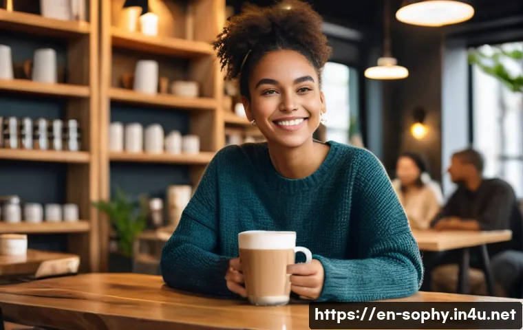 소피루비 사회적 영향 - A warm, inviting coffee shop scene featuring a relatable young woman with natural makeup and casual ...