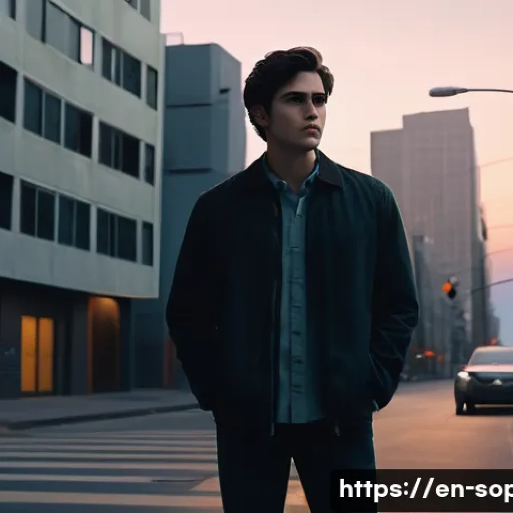 소피루비 이야기 구조 분석 - A detailed scene of a protagonist standing at a crossroads in a dimly lit urban environment during t...