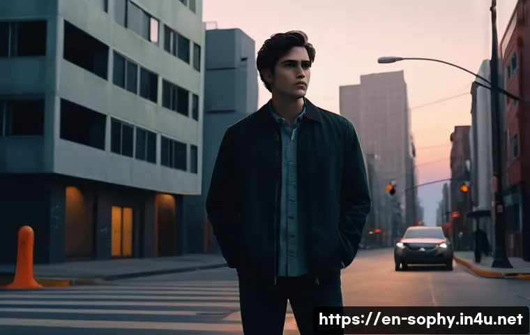 소피루비 이야기 구조 분석 - A detailed scene of a protagonist standing at a crossroads in a dimly lit urban environment during t...
