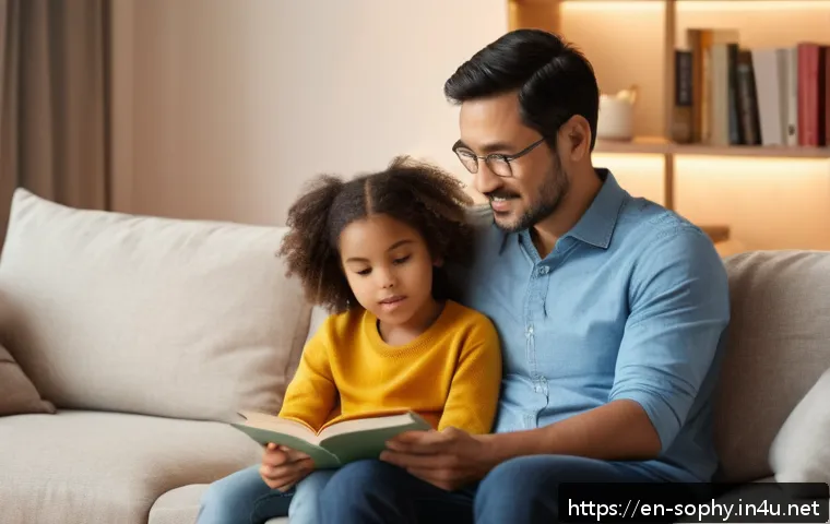 소피루비 어린이 심리와 연관 - A warm, softly lit family living room scene showing a parent attentively practicing active listening...
