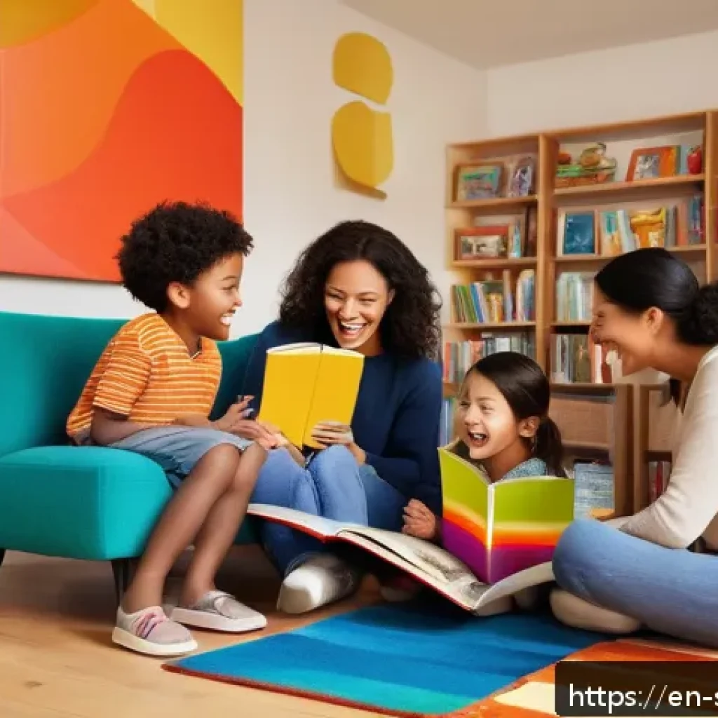 소피루비 어린이 독자층 분석 - A cozy family reading scene in a warm, inviting living room with diverse children and parents gather...