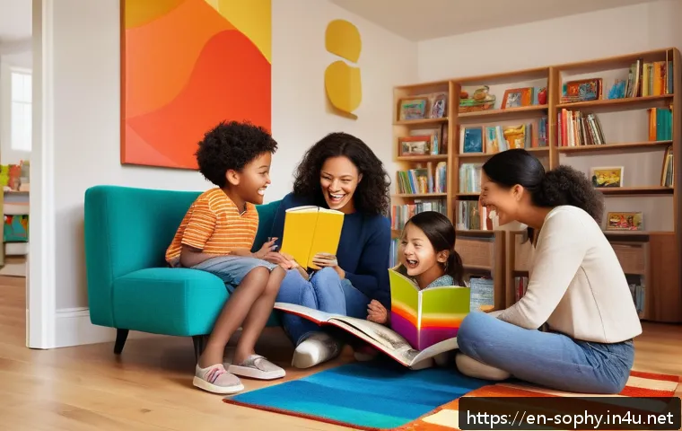 소피루비 어린이 독자층 분석 - A cozy family reading scene in a warm, inviting living room with diverse children and parents gather...