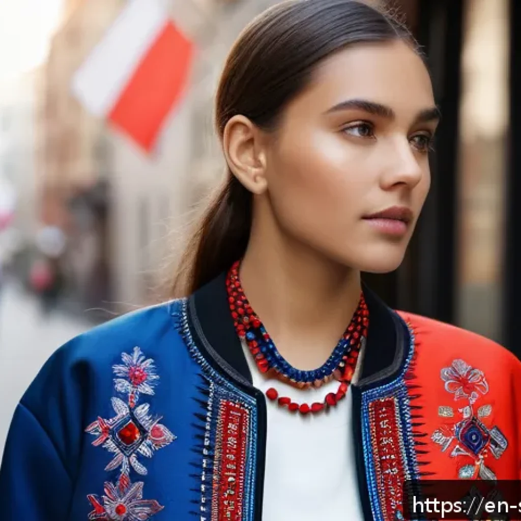 소피루비 문화적 배경 - A stylish young woman standing confidently in an urban setting, wearing a modern embroidered jacket ...