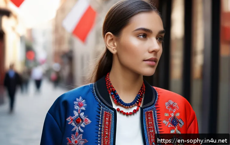 소피루비 문화적 배경 - A stylish young woman standing confidently in an urban setting, wearing a modern embroidered jacket ...