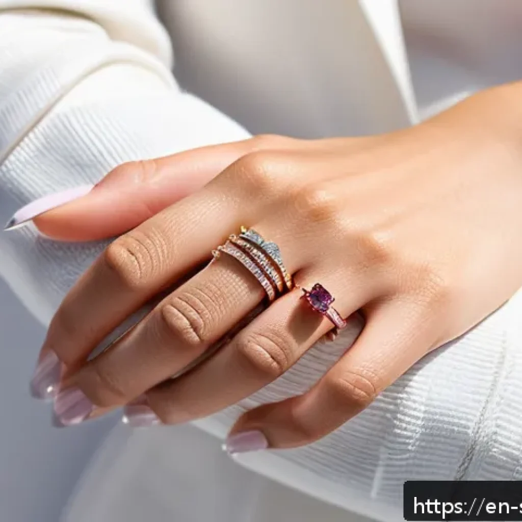소피루비 인기 굿즈 TOP10 - A close-up shot of a sophisticated woman’s hand adorned with multiple Sophie Ruby delicate rings fea...