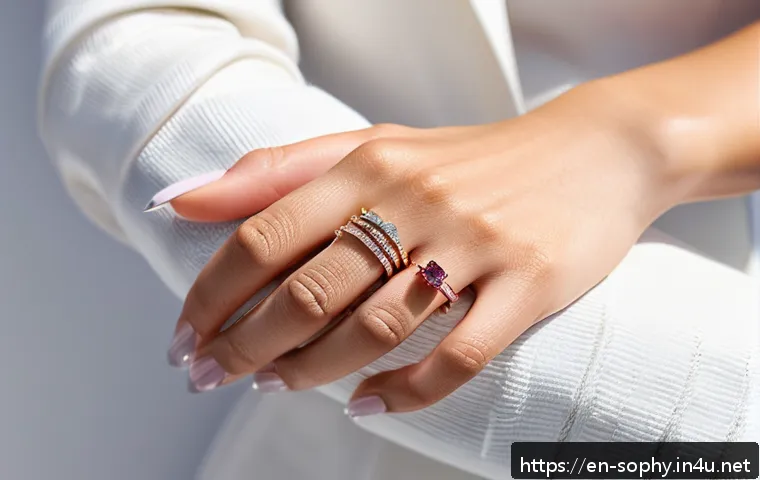 소피루비 인기 굿즈 TOP10 - A close-up shot of a sophisticated woman’s hand adorned with multiple Sophie Ruby delicate rings fea...