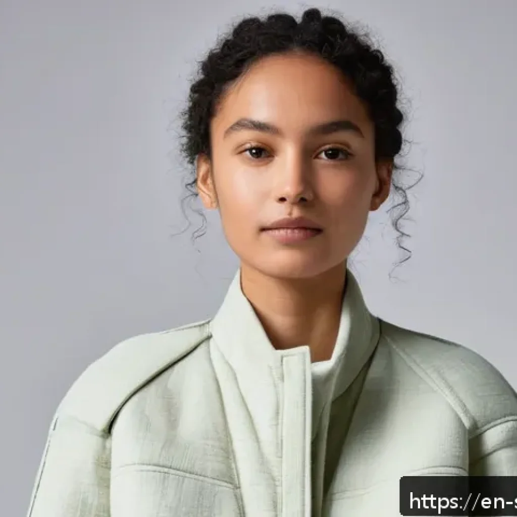 소피루비 속 환경 메시지 - A close-up portrait of a stylish young woman wearing a minimalist, multifunctional jacket made from ...
