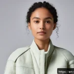 소피루비 속 환경 메시지 - A close-up portrait of a stylish young woman wearing a minimalist, multifunctional jacket made from ...