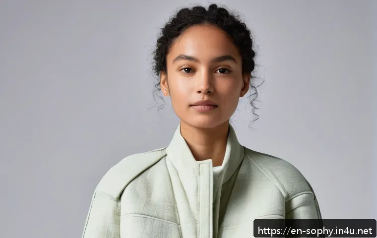 소피루비 속 환경 메시지 - A close-up portrait of a stylish young woman wearing a minimalist, multifunctional jacket made from ...