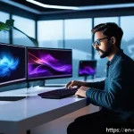 소피루비의 비주얼 효과 - A futuristic digital artist&rsquo;s studio bathed in soft ambient lighting, featuring multiple holographic...