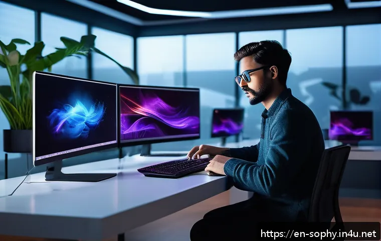 소피루비의 비주얼 효과 - A futuristic digital artist&rsquo;s studio bathed in soft ambient lighting, featuring multiple holographic...