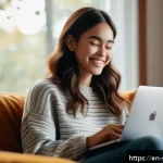 소피루비 팬덤의 성장 요인 - A candid, warm-toned photo of a young female content creator sitting comfortably in a cozy living ro...