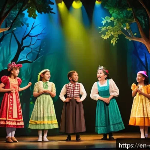 소피루비 관련 키즈 뮤지컬 - A vibrant stage scene from a family-friendly musical, featuring a whimsical fantasy forest backdrop ...