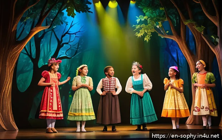 소피루비 관련 키즈 뮤지컬 - A vibrant stage scene from a family-friendly musical, featuring a whimsical fantasy forest backdrop ...