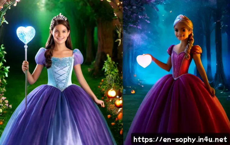 Home 31 소피루비와 동화의 비교 - Photorealistic side-by-side comparison scene, left: a cheerful teenage magical heroine in a modest p...