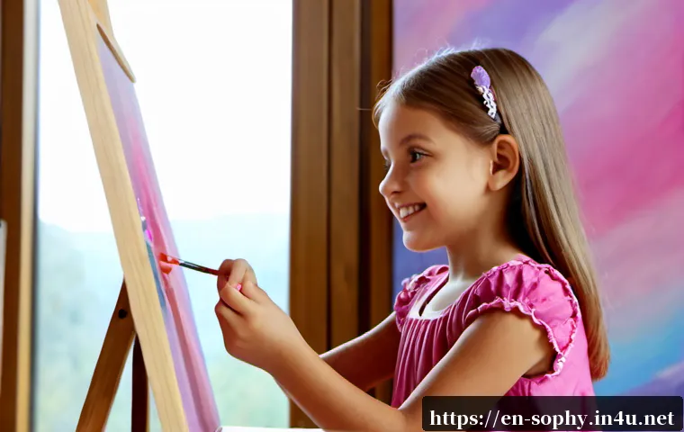 Home 17 소피루비의 미술 스타일 - Photorealistic children’s art studio scene, a cheerful young girl in a modest pink fantasy-inspired ...