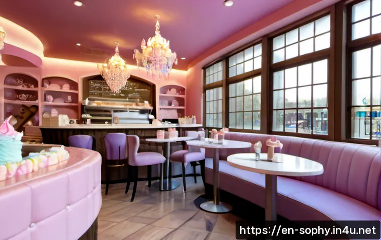 소피루비 테마 카페 - Photorealistic pastel fantasy-themed café interior inspired by magical gemstone princess animation, ...