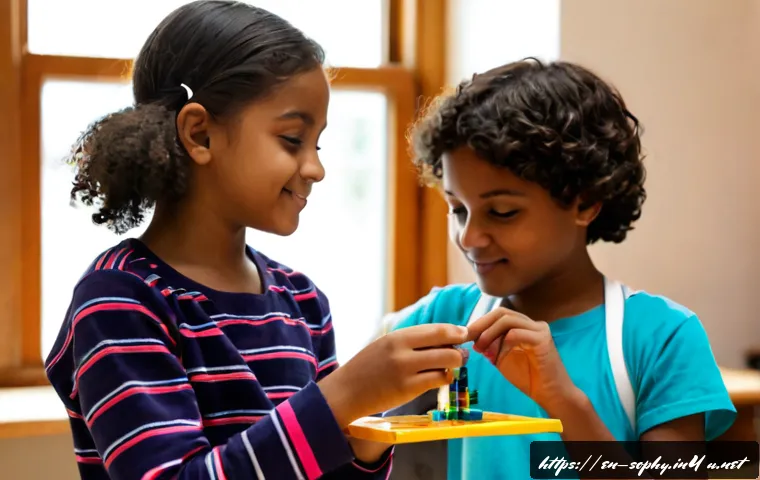 소피루비 교훈적인 메시지 - Photorealistic scene of two diverse preteen friends in modest colorful everyday clothes helping each...