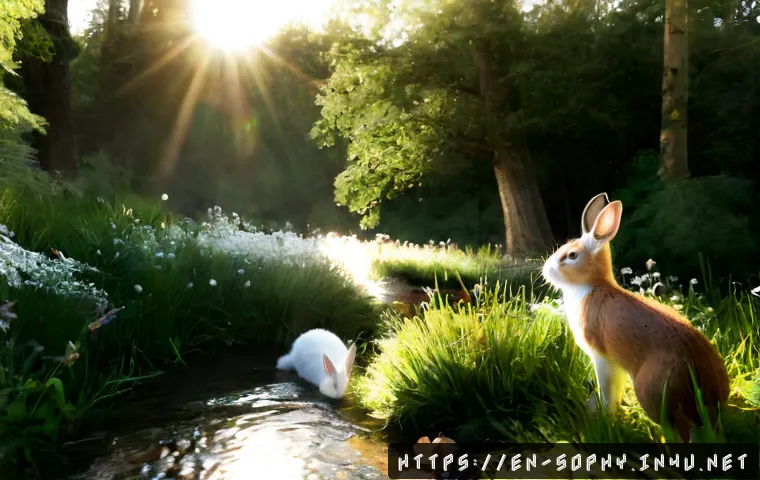 소피루비 이야기 속 동물 - Photorealistic enchanted woodland scene with a gentle white rabbit, red squirrel, and small deer gat...