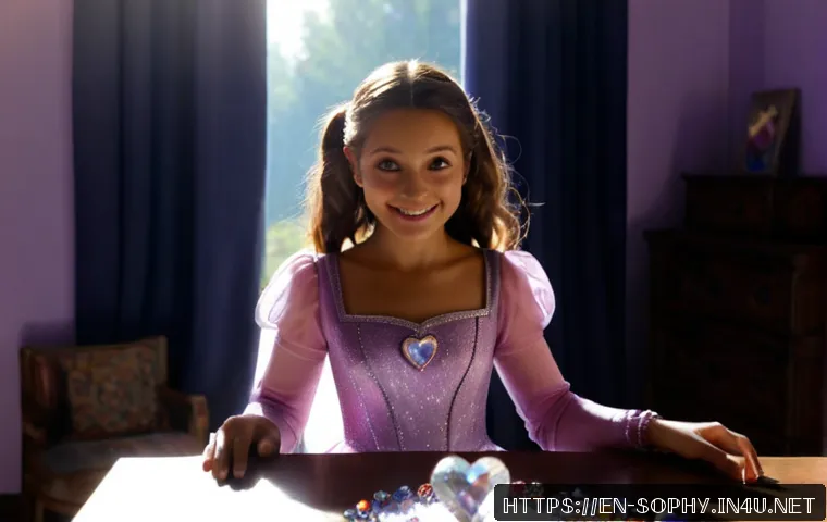 Home 17 소피루비와 마법 아이템의 연결성 - Photorealistic fantasy scene of a cheerful young magical heroine in a modest sparkling pink-and-lave...